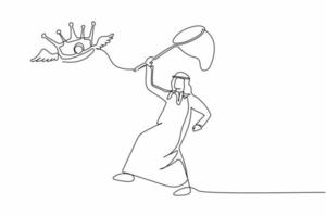 Single continuous line drawing Arab businessman try to catching flying crown with butterfly net. Failed to control the business empire. Business metaphor. One line graphic design vector illustration