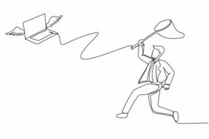 Single one line drawing attractive businessman try to catching flying laptop with butterfly net. System data computing for working efficiency. Modern continuous line design graphic vector illustration