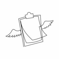 Single continuous line drawing flying clipboard with wings. Filling control list on notepad. Concept of survey, quiz, to-do list or agreement. Modern one line draw graphic design vector illustration