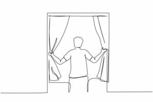 Single one line drawing happy man opening window curtains. Wake up and open curtains in morning to get fresh air. Young male standing at window. Continuous line draw design graphic vector illustration