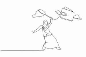 Continuous one line drawing Arabian businesswoman try to catching flying wallet with butterfly net. Losing saving of money due to economic crisis. Single line draw design vector graphic illustration