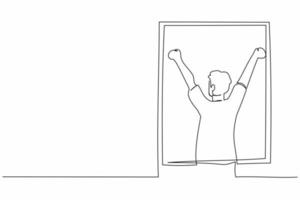 Single continuous line drawing back view relaxed man stretching arms in window after good night sleep. Good morning concept. Young male standing at window. One line graphic design vector illustration