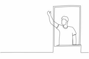 Single continuous line drawing young male waving at window as look like to greet or invite people to come in. Man looking out from apartment from windowsill. One line draw design vector illustration