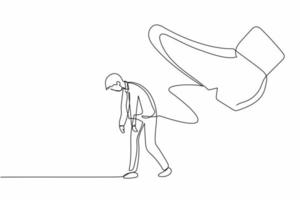 Single one line drawing young businessman going away with huge boot shoe kicking him out. Office worker being fired and kicked out concept. Minimal metaphor. Continuous line design vector illustration