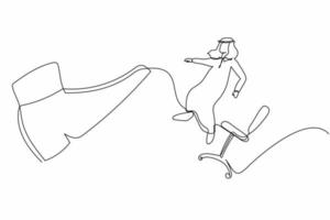 Continuous one line drawing failed small Arabian businessman kicked out by big foot from chair. Manager kicked out of work. Dismissal of staff, jobless. Single line design vector graphic illustration