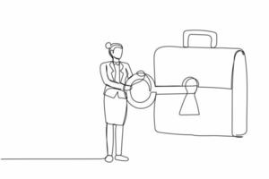 Single continuous line drawing businesswoman put key into briefcase. Professional manager style. Invest portfolio, stock market management trading strategy. One line draw design vector illustration