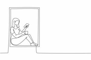 Single one line drawing young lady sitting on windowsill with coffee and enjoying rest time with smartphone. Woman relaxing at home with mobile phone. Continuous line draw design vector illustration