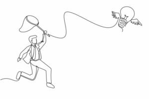 Continuous one line drawing businessman try to catching flying light bulb with butterfly net. Searching inspiration, creative idea. Business metaphor. Single line design vector graphic illustration