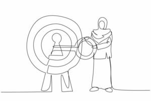 Single continuous line drawing Arabian businesswoman put key into bullseye target. Accuracy in success business plan. Career path. Secret for achieve goals. One line graphic design vector illustration