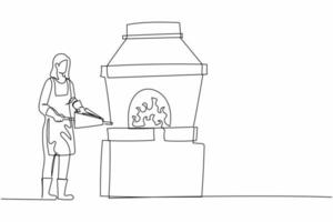 Single continuous line drawing female blacksmith standing wearing apron, pumping forge bellows. Metal worker at work furnace oven fire coal workshop. One line draw graphic design vector illustration