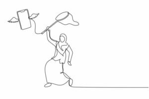 Single continuous line drawing Arab businesswoman try to catch flying smartphone with butterfly net. Missed phone calls interview. Lost job opportunities. One line graphic design vector illustration