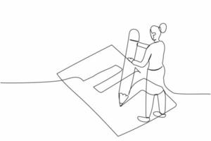 Continuous one line drawing businesswoman filled out questionnaire on the floor. Worker writes test on clipboard with giant pencil. Standing near checklist. Single line draw design vector illustration