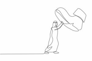 Continuous one line drawing brave Arabian businessman against giant shoes stomping. Manager push against giant foot step. Minimal metaphor concept. Single line draw design vector graphic illustration