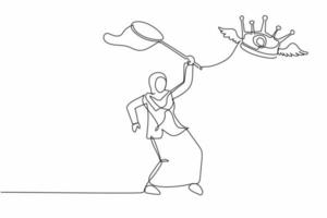 Single continuous line drawing beauty Arabian businesswoman try to catching flying crown with butterfly net. Losing the royal title of an Arab country. One line draw graphic design vector illustration