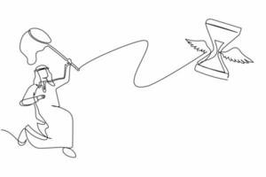 Single continuous line drawing Arab businessman try to catching flying hourglass with butterfly net. Failed to complete project objectives. Business metaphor. One line draw design vector illustration