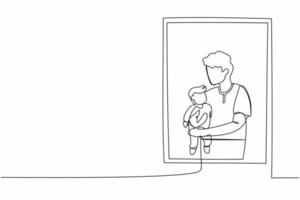 Continuous one line drawing man holding newborn baby near window. Child lies on in dad's arms. Man taking care of child. Dad on maternity leave with baby. Single line draw design vector illustration