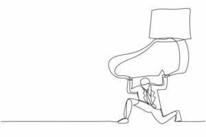 Continuous one line drawing young businessman under giant foot trample. Male manager pressure and domination, limiting freedom. Minimal metaphor concept. Single line design vector graphic illustration