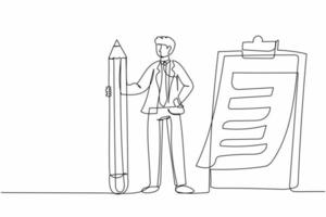 Continuous one line drawing businessman holding big pencil looking at completed checklist on clipboard. Successful completion business tasks goals. Single line draw design vector graphic illustration