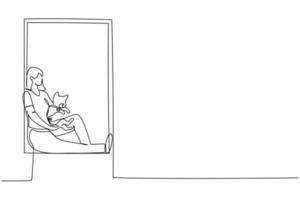 una sola línea continua dibujando a una mujer joven sentada en el alféizar de la ventana y sosteniendo un gato. niña feliz con su mascota, estilo de vida urbano. descansando durante la pandemia. ilustración de vector de diseño gráfico de dibujo de una línea