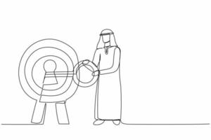 Single continuous line drawing Arab businessman putting big key into bullseye target. Unlock business opportunity. Career or goal achievement. Secret for success. One line design vector illustration