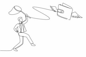 Single one line drawing businessman try to catching flying wallet with butterfly net. Losing money, spending, pay, wasteful, gone money, financial concept. Continuous line design vector illustration