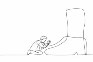 Single one line drawing failed businessman kneeling a giant foot or shoe. Office worker apologize to boss. Minimalism metaphor concept. Modern continuous line draw design graphic vector illustration