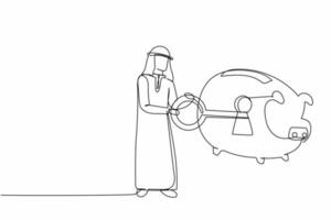 Continuous one line drawing Arab businessman putting big key into piggy bank. Personal saving or money security. Protection for finance and banking system. Single line draw design vector illustration