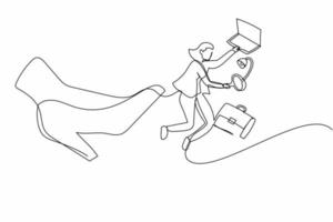 Single continuous line drawing active businesswoman kicked out of work with office supplies. Manager being fired. Staff reduction. Minimalism metaphor. One line draw graphic design vector illustration