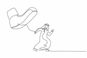 Continuous one line drawing brave Arabian businessman run away from stomping foot. Male employee oppressed by boss with under big shoe. Minimalist metaphor. Single line draw design vector illustration