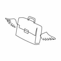 Single continuous line drawing flying briefcase with wings. Traveling suitcase in flight. Isolated vector symbol of tourism, luggage and trip. Dynamic one line draw graphic design vector illustration