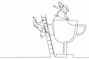 Continuous one line drawing greedy Arabian businesswoman kicking her rival falling down from top ladder trophy of success. Cheating competitor metaphor. Single line design vector graphic illustration