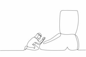 Continuous one line drawing failed Arabian businessman kneeling a giant foot or shoe. Office worker apologize to boss. Minimalist metaphor concept. Single line draw design vector graphic illustration