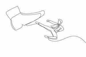 Single continuous line drawing brave businessman kick giant foot stomp. Male employee doing flying kick to big boot. Minimalist metaphor concept. Dynamic one line graphic design vector illustration