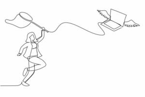 Single one line drawing businesswoman try to catching flying laptop with butterfly net. Losing data information due to cyber crime or computer virus. Continuous line graphic design vector illustration