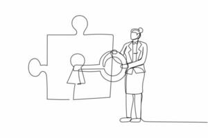 Continuous one line drawing businesswoman put key into puzzle piece. Cooperation concept. Completing project. Teamwork solving complicated tasks. Single line draw design vector graphic illustration