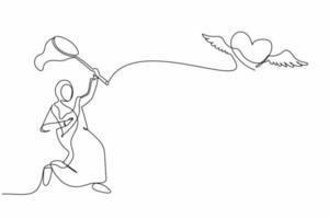 una sola línea de dibujo de una mujer de negocios árabe intenta atrapar un corazón volador con una red de mariposas. concepto de ruptura. relación que no puede continuar. ilustración de vector gráfico de diseño de línea continua