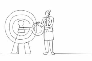 Single one line drawing businesswoman put key into bullseye target. Accuracy and unlock business success. Career or goal. Secret for success in work. Continuous line design graphic vector illustration