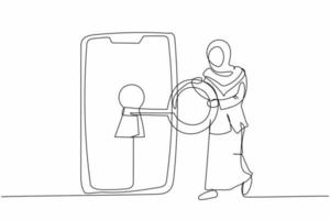 Single one line drawing Arabian businesswoman put key into smartphone. Unlock screen protection. Privacy for protect internet user. Password security system. Continuous line design vector illustration