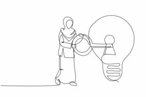 Single continuous line drawing smart Arab businesswoman put key into light bulb. Innovation in business idea, invent new product or creative thoughts. One line draw graphic design vector illustration