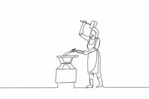 Single continuous line drawing active female blacksmith in apron forging blade on anvil. Woman metal worker with hammer and anvil create small sword. One line draw graphic design vector illustration