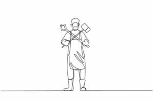 Single one line drawing bearded blacksmith standing wearing apron holding hammer and tongs crossed. Metal worker at work furnace oven workshop. Continuous line draw design graphic vector illustration