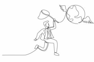 Single continuous line drawing businessman try to catching flying globe with butterfly net. Business trip and travel. Globalization international partnership. One line draw design vector illustration