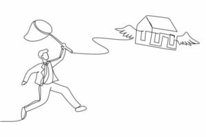 Single one line drawing businessman try to catching flying house with butterfly net. Price increases of housing loan or real estate investment. Continuous line draw design graphic vector illustration