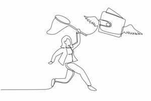 Single one line drawing businesswoman try to catching flying wallet with butterfly net. Losing money due to global economic or financial crisis. Continuous line draw design graphic vector illustration