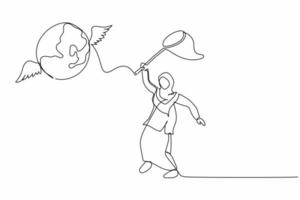 Continuous one line drawing Arab businesswoman try to catching flying globe with butterfly net. Failed to travelling around world due to pandemic. Single line draw design vector graphic illustration