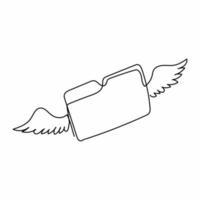 Single continuous line drawing flying document folder with wings. Minimal design folder with files, paper icon symbol. File management concept. Dynamic one line draw graphic design vector illustration