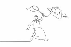 Continuous one line drawing Arab businessman try to catching flying briefcase with butterfly net. Losing career path and bad performance. Business metaphor. Single line draw design vector illustration