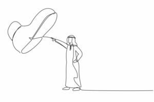 Continuous one line drawing brave Arab businessman facing against giant shoes stomping. Male manager pointing against giant foot step. Minimal metaphor. Single line design vector graphic illustration