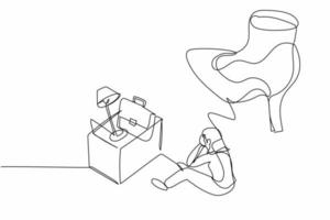 una sola línea dibujando a una joven mujer de negocios sentada en el suelo cerca de los suministros de oficina bajo un gran pisotón. desempleo, desempleado, metáfora de reducción de empleo. ilustración de vector de diseño de dibujo de línea continua