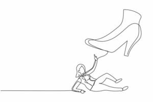 Single continuous line drawing small businesswoman under the giant foot. Big foot in the shoe is going to crush employee. Minimalism metaphor concept. One line draw graphic design vector illustration